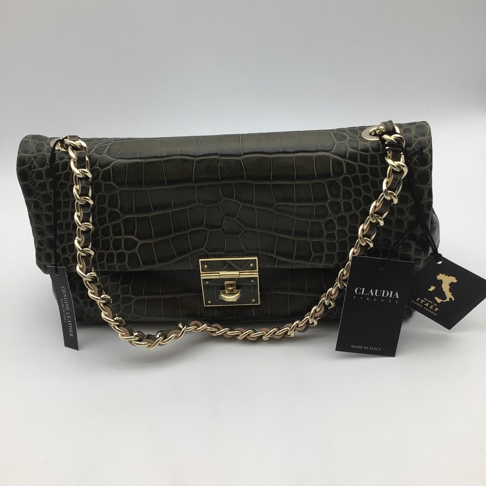 Claudia Firenze Croc Embossed Leather Shoulder Bag Chain Strap CL10977 Italy NEW